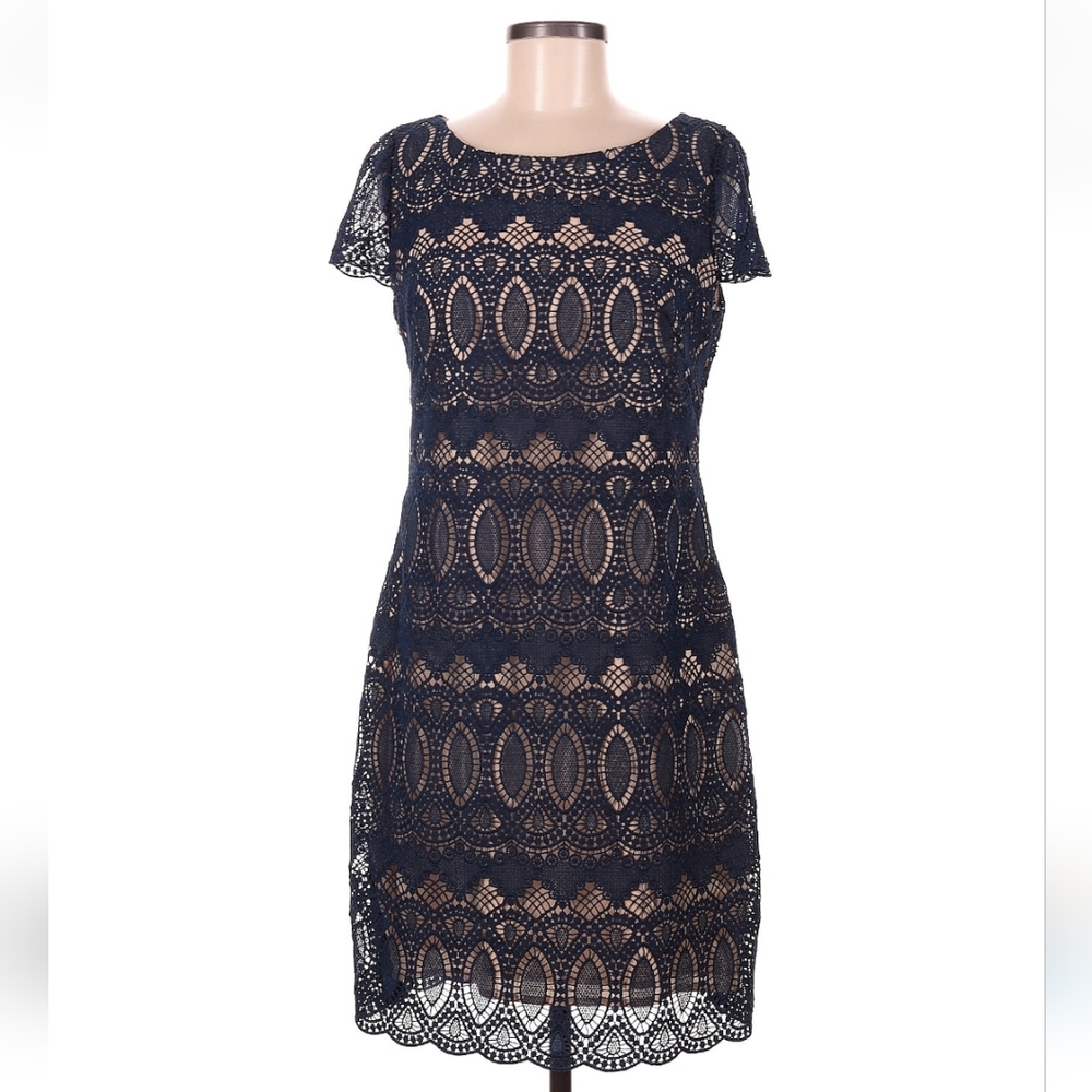 Eliza J Lace Cocktail Dress Scalloped Hem Cap Sleeves Sheath Mini Navy Size 6
